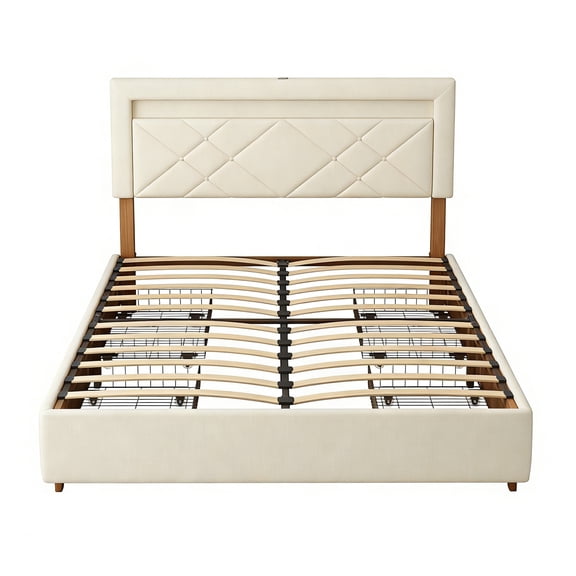 King Size Bed Frame High Headboard Upholstered Platform Bed, Retro Simple Style Platform Bed No Box Spring Needed, Easy Assembly, Ivory