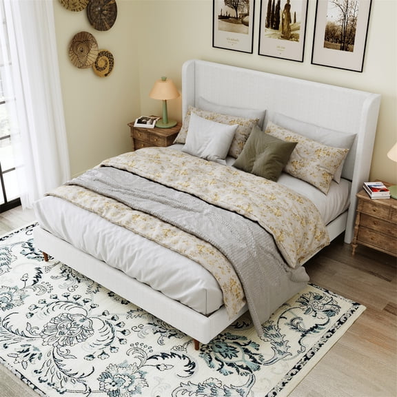 King Size Bed Frame High Headboard Upholstered Platform Bed, Retro Simple Style Platform Bed No Box Spring Needed, Easy Assembly, Ivory