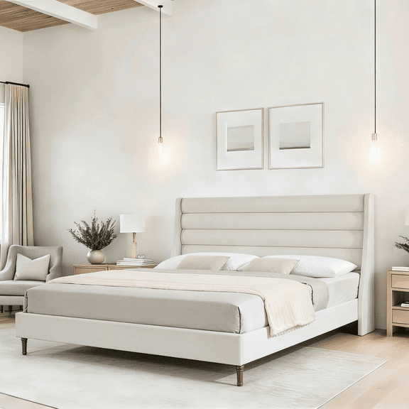 King Size Bed Frame High Headboard Upholstered Platform Bed with Wave - Shaped Headboard, Premium Chenille Fabric, Modern Minimalist Platform Bed No Box Spring Needed, Easy Assembly, Ivory No.6584