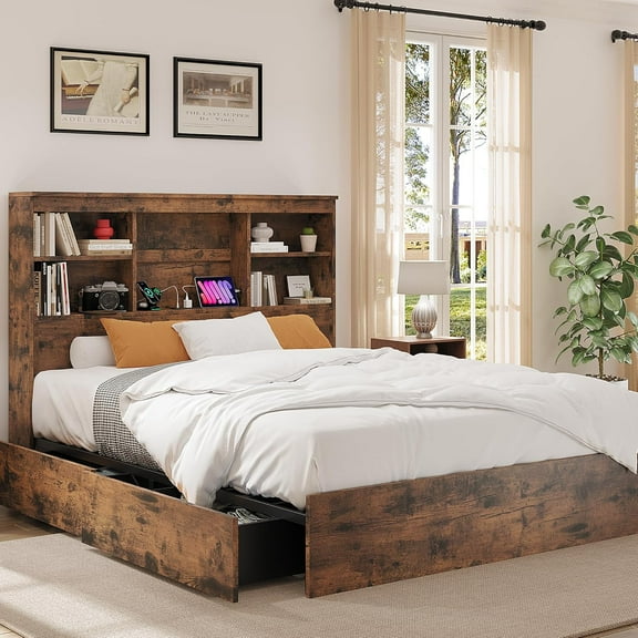 King Size Bed Frame with High Storage Bookcase Headboard, Wood Bed Frame with 4 Storage Drawers, Built in Charging Station, No Box Spring Needed, Metal Frame, Noise-Free, Vintage Brown