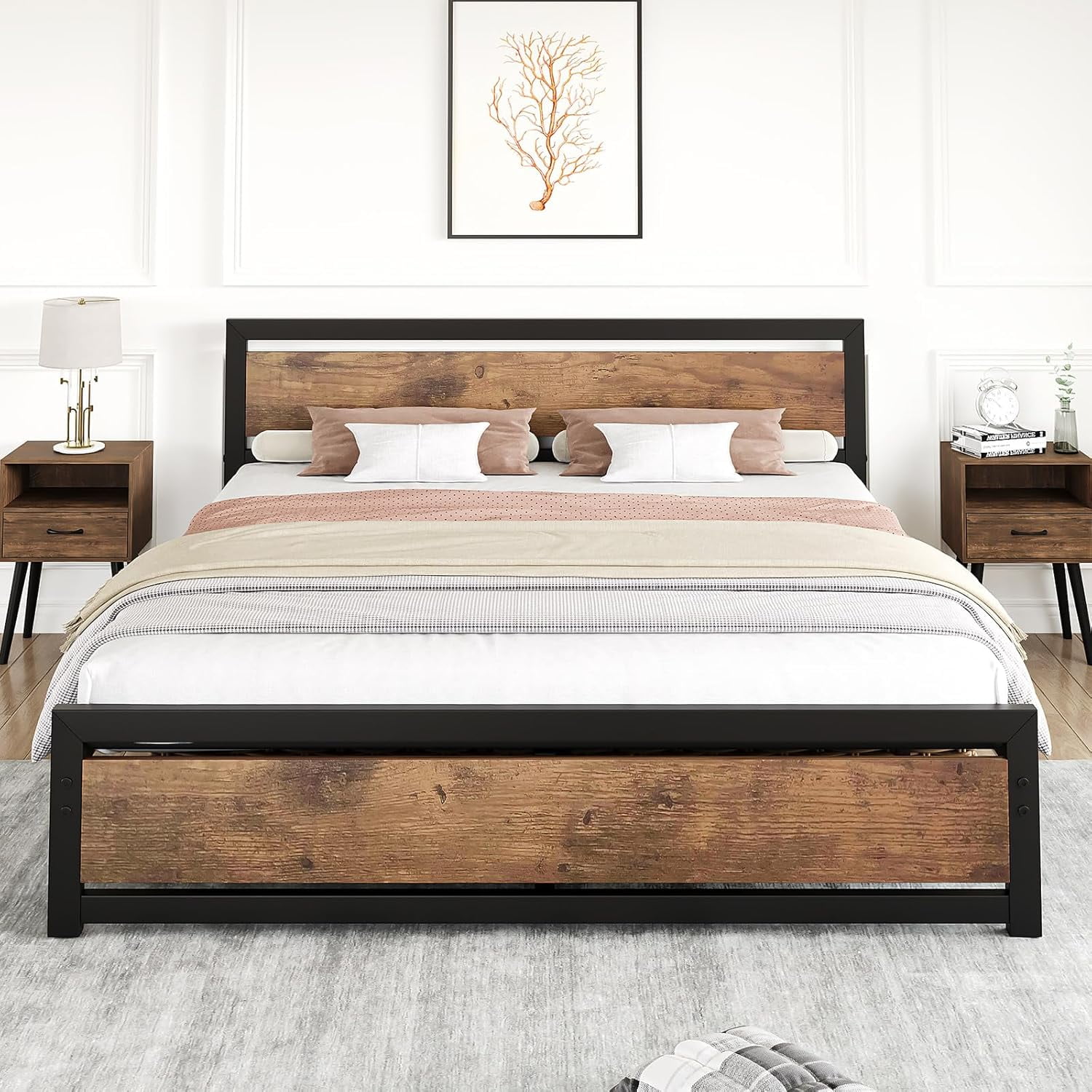 King Size Bed Frame, Industrial King Bed Platform with Headboard, Easy Assemble Mattress Bedframe in Retro Brown, No Box Spring Needed