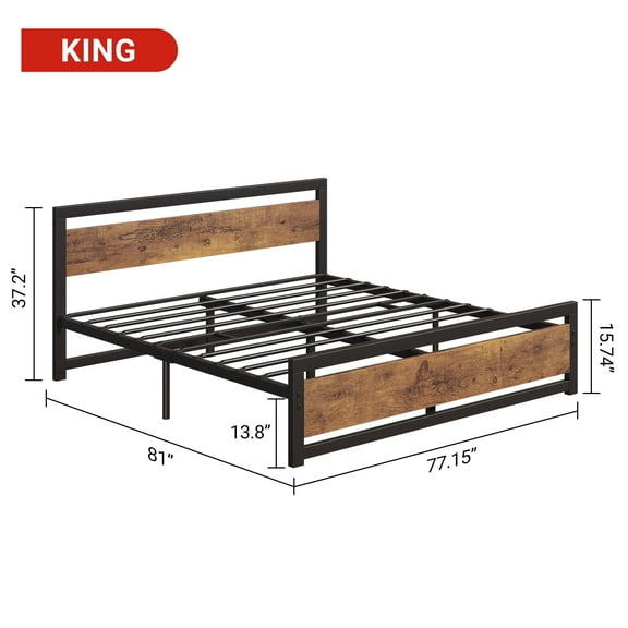 King Size Bed Frame, Industrial Queen Bed Platform with Headboard No Box Spring Needed, 14 Inch Easy Assemble Queen Mattress Bedframe, Retro Brown