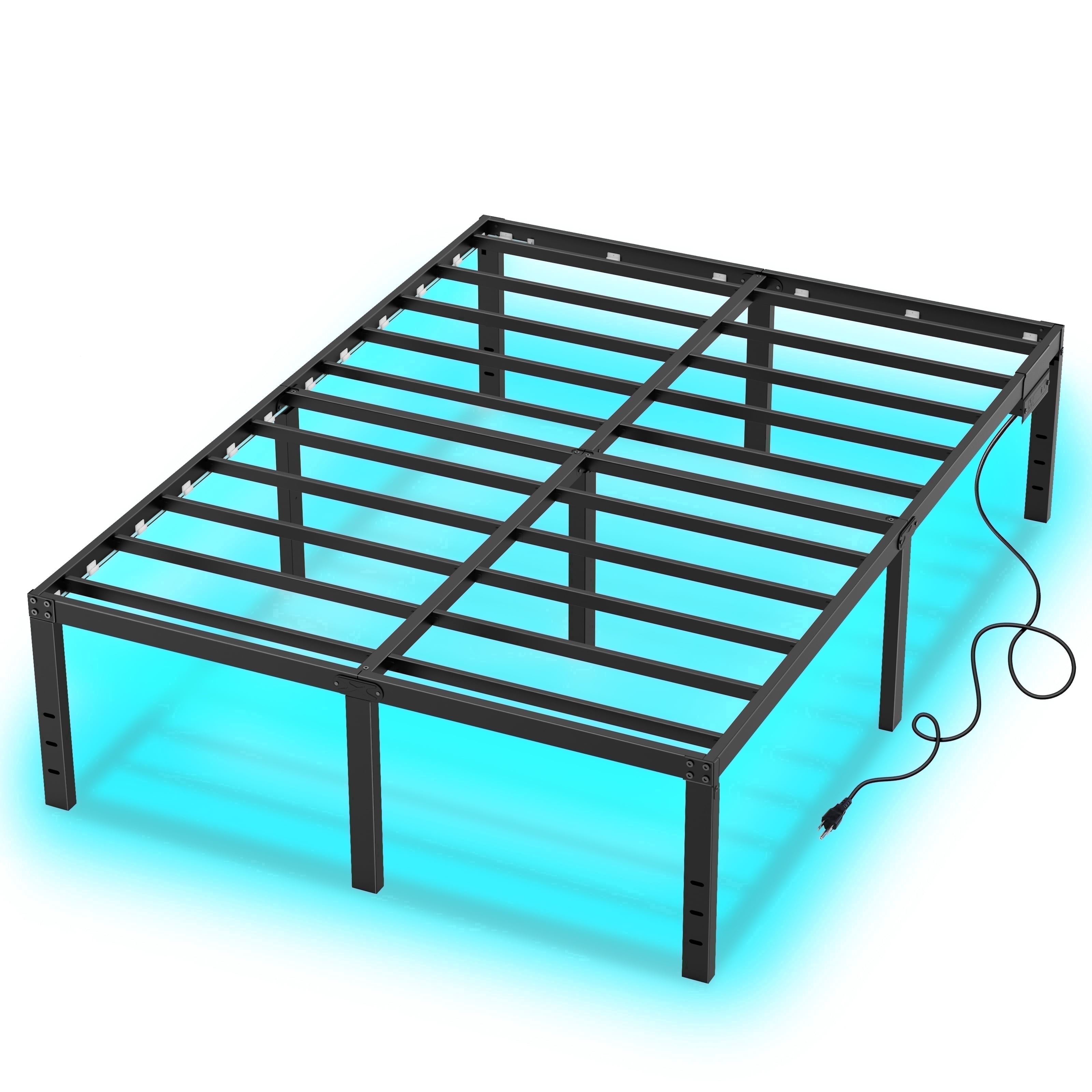 King Size Bed Frame King Platform Bed Frame with LED Lights 14 Inch Tall King Mattress Base King Platform Bed Frame with Charging Station