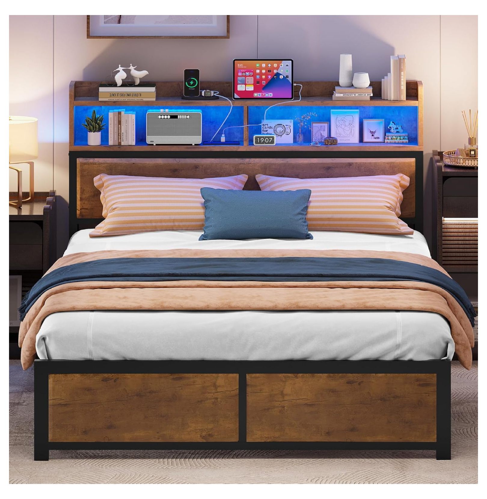 King Size Bed Frame,LED Bed Frame with Headboard,USB Ports & Charging