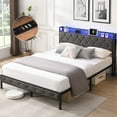 thumbnail image 1 of King Size Bed Frame with LED Lights, Charging Station and Storage Headboard, Upholstered Platform Bed Frame with Heavy Metal Slats, No Box Spring Needed, Noise Free, Easy Assembly, Dark Gray, 1 of 10