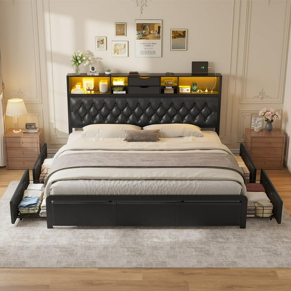 King Size Bed Frame with LED Lights & Charging Station, Velvet Upholstered King Size Platform Bed with 4 Storage Drawers and Headboard,No Noise, No Box Spring Needed,Black PU