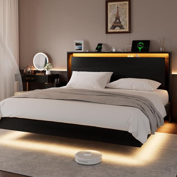 King Size Bed Frame with LED Lights & Charging Station – Wood Floating Bed Frame with Storage Headboard, Adhesive Slats, Kick-Free & Noise-Free Design, Easy Assembly, Black