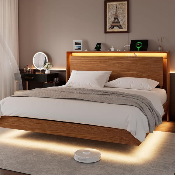 King Size Bed Frame with LED Lights & Charging Station Wood Floating Bed Frame with Storage Headboard, Adhesive Slats, Kick-Free & Noise-Free, Easy Assembly, Walnut