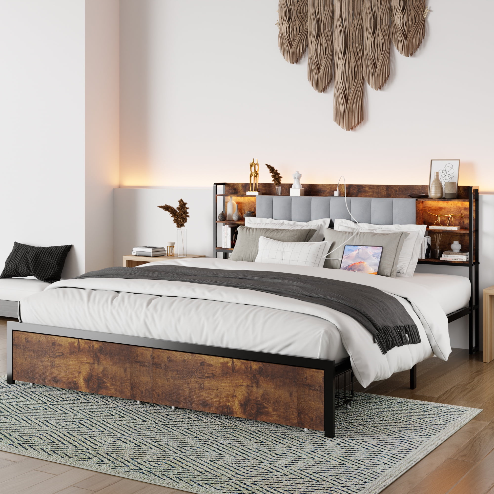 King Size Bed Frame with LED Lights Headboard, Upholstered Metal ...