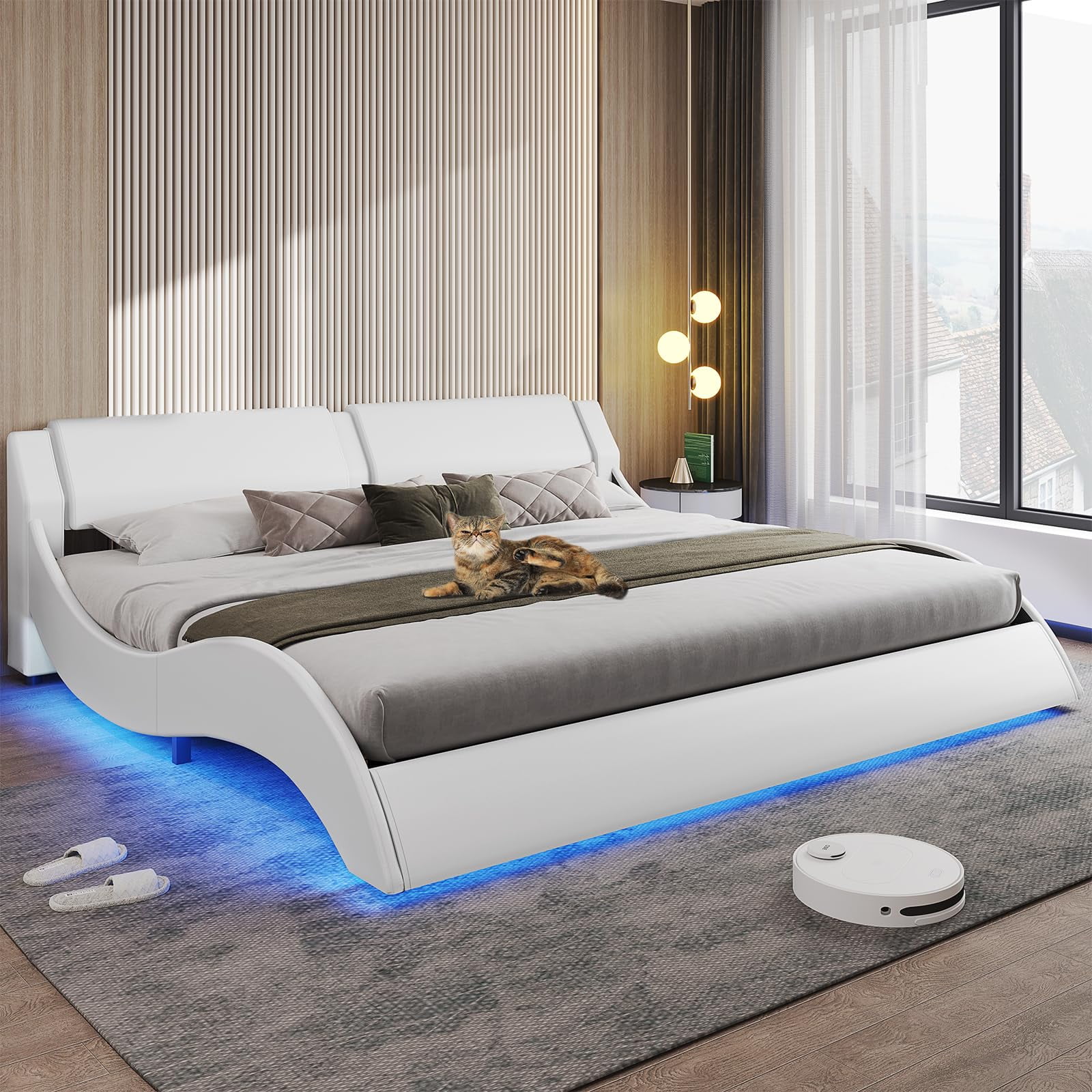 King Size Bed Frame with LED Lights Modern King Led Bed Frame with Upholstered Headboard Faux Leather Low Profile Platform Bed Frame Wave Like Curve Bed Frame,No Box Spring Needed,White