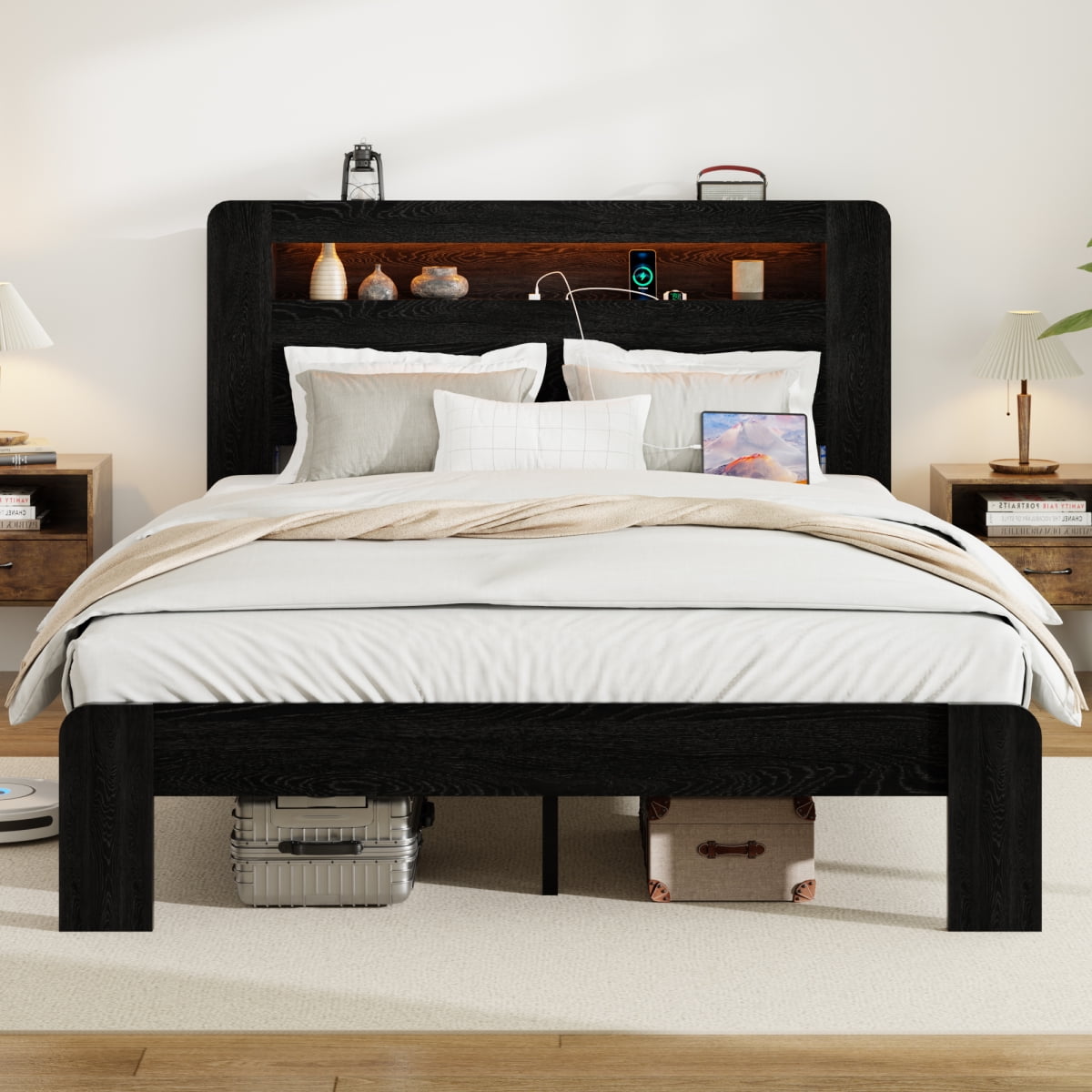 King Size Bed Frame with LED Storage Headboard, Wood Platform Bed with USB Charging Ports, Noise Free Design, No Box Spring Needed, Underbed Storage, Dark Black