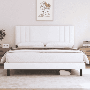 King Size Bed Frame, Lecuneey King Platform Bed Frames with Fabric Upholstered Headboard, No Box Spring Needed, White