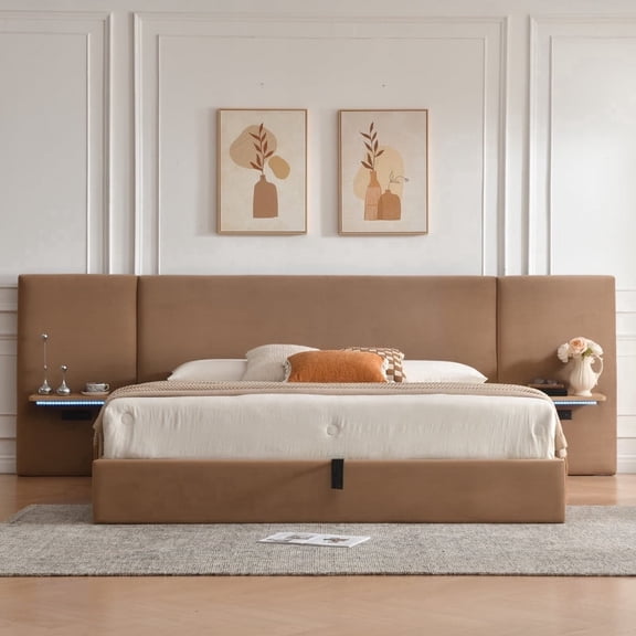 King Size Bed Frame with Lift Up Storage, Upholstered Platform Bed with Charging Station, LED Lights and Bedside Shelves, Wood Slat Support, No Box Spring Needed, Camel Brown