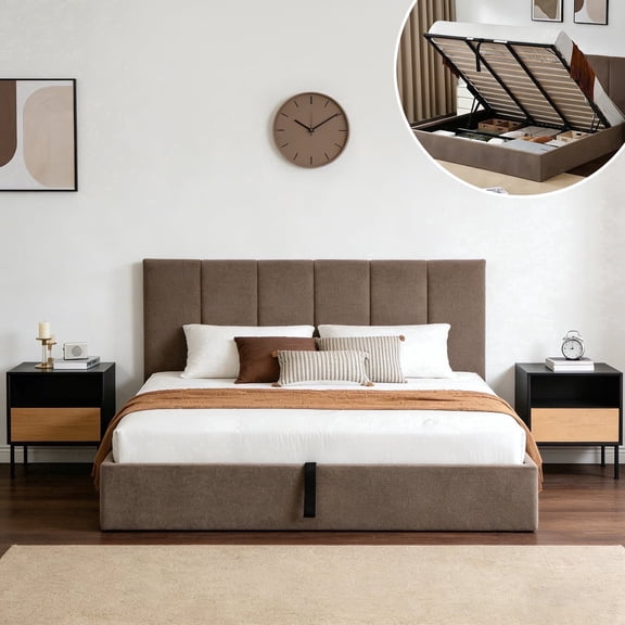 King Size Bed Frame with Lift Up Storage, Upholstered Platform Bed with Vertical Channel Headboard, No Box Spring Needed, Hydraulic Storage, Brown Boucle