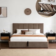 VELOCAVA King Size Bed Frame with Lift Up Storage, Upholstered Platform Bed with Vertical Channel Headboard, No Box Spring Needed, Hydraulic Storage, Brown Boucle