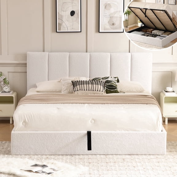 King Size Bed Frame with Lift Up Storage, Upholstered Platform Bed with Vertical Channel Headboard, No Box Spring Needed, Hydraulic Storage, White Boucle