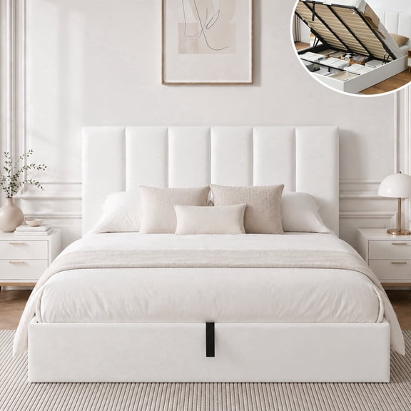 VELOCAVA King Size Bed Frame with Lift Up Storage, Upholstered Platform Bed with Vertical Channel Headboard, Hydraulic Storage, White Linen