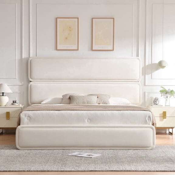 King Size Bed Frame with Lift Up Storage, Velvet-Like Upholstered Platform Bed with 57" Tall Headboard, Wood Slat Support, No Box Spring Needed, Cream White