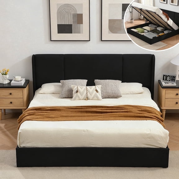VELOCAVA King Size Bed Frame with Lift Up Storage, Velvet-Look Upholstered Wingback Platform Bed with Vertical Channel Headboard, No Box Spring Needed, Hydraulic Storage, Black