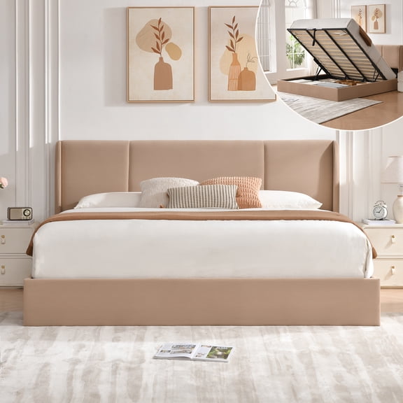 VELOCAVA King Size Bed Frame with Lift Up Storage, Velvet-Look Upholstered Wingback Platform Bed with Vertical Channel Headboard, No Box Spring Needed, Hydraulic Storage, Brown