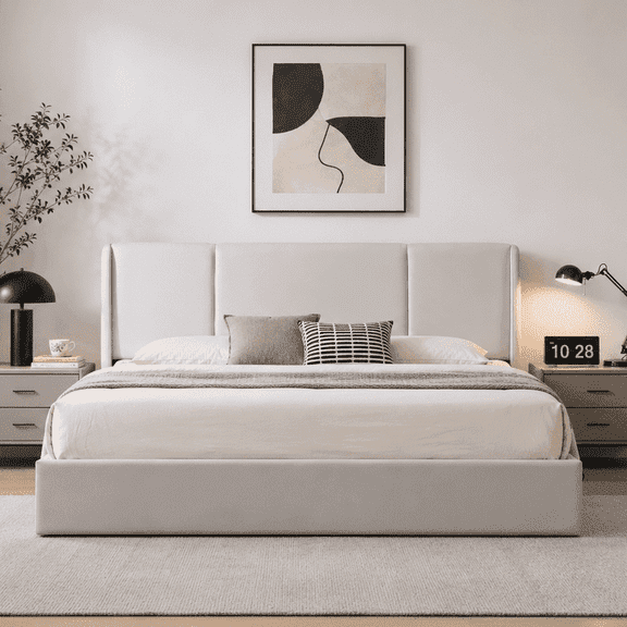 VELOCAVA King Size Bed Frame with Lift Up Storage, Velvet-Look Upholstered Wingback Platform Bed with Vertical Channel Headboard, No Box Spring Needed, Hydraulic Storage, Greige