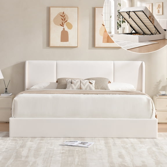 VELOCAVA King Size Bed Frame with Lift Up Storage, Velvet-Look Upholstered Wingback Platform Bed with Vertical Channel Headboard, No Box Spring Needed, Hydraulic Storage, White