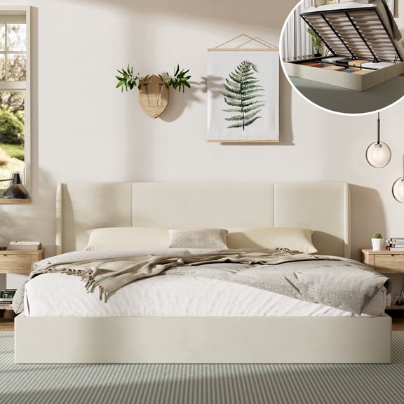 King Size Bed Frame with Lift Up Storage, Velvet-Look Upholstered Wingback Platform Bed with Vertical Channel Headboard, No Box Spring Needed, Hydraulic Storage, White