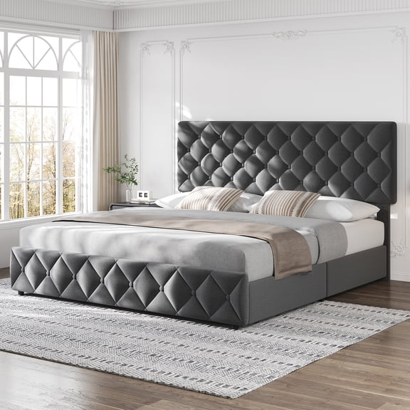 GOGRANT Upholstered Bed Frame with Adjustable Headboard and 4 Storage Drawers, King