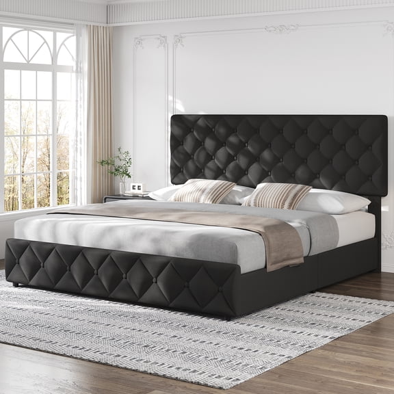 GOGRANT King Size Upholstered Bed Frame with Adjustable Headboard and 4 Storage Drawers, Black