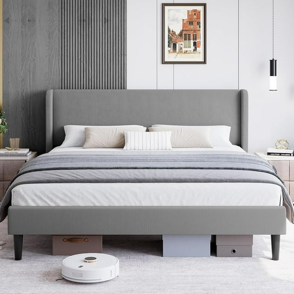 King Size Bed Frame, Luxurious Velvet Upholstery Platform Bed with Wingback Headboard, Wooden Slat Support, Easy Assembly, No Box Spring Need, Light Gray