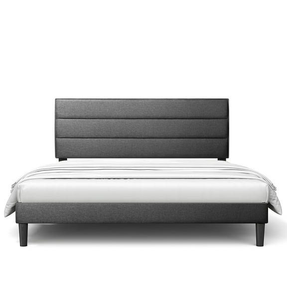 King Size Bed Frame Modern Horizontal Panel Upholstered Low Profile Platform with Tufted Headboard/No Box Spring Needed/No Bed Skirt Needed/Linen Fabric Upholstery, Grey