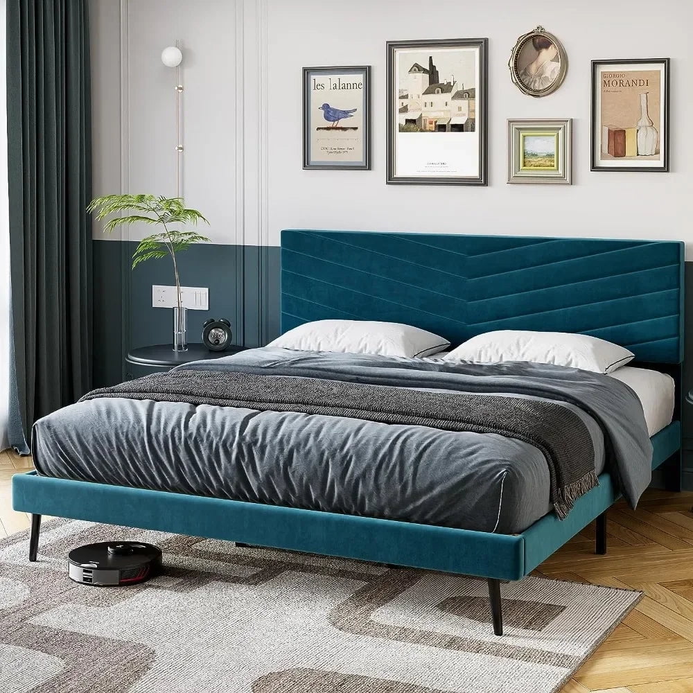 King Size Bed Frame, Platform Bed Frame with Adjustable Headboard