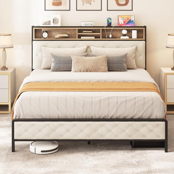 King Size Bed Frame,Platform Bed Frame with Charging Station,Upholstered Storage Headboard & Footboard Metal Slats Supports Mattress Foundation,Beige