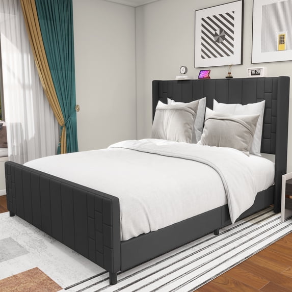 King Size Bed Frame, Premium Velvet Upholstered Platform with Tall Tufted Wingback Headboard, USB & Type-C Charging Ports, No Box Spring Needed, Black