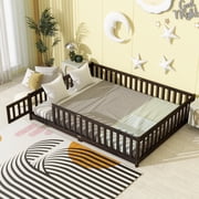 Queen Bed Frame, Queen Size Bed Frame,Queen Size Floor Bed with Fence,Door,Rubber Wood Floor Bed with Safety Guardrails,Espresso