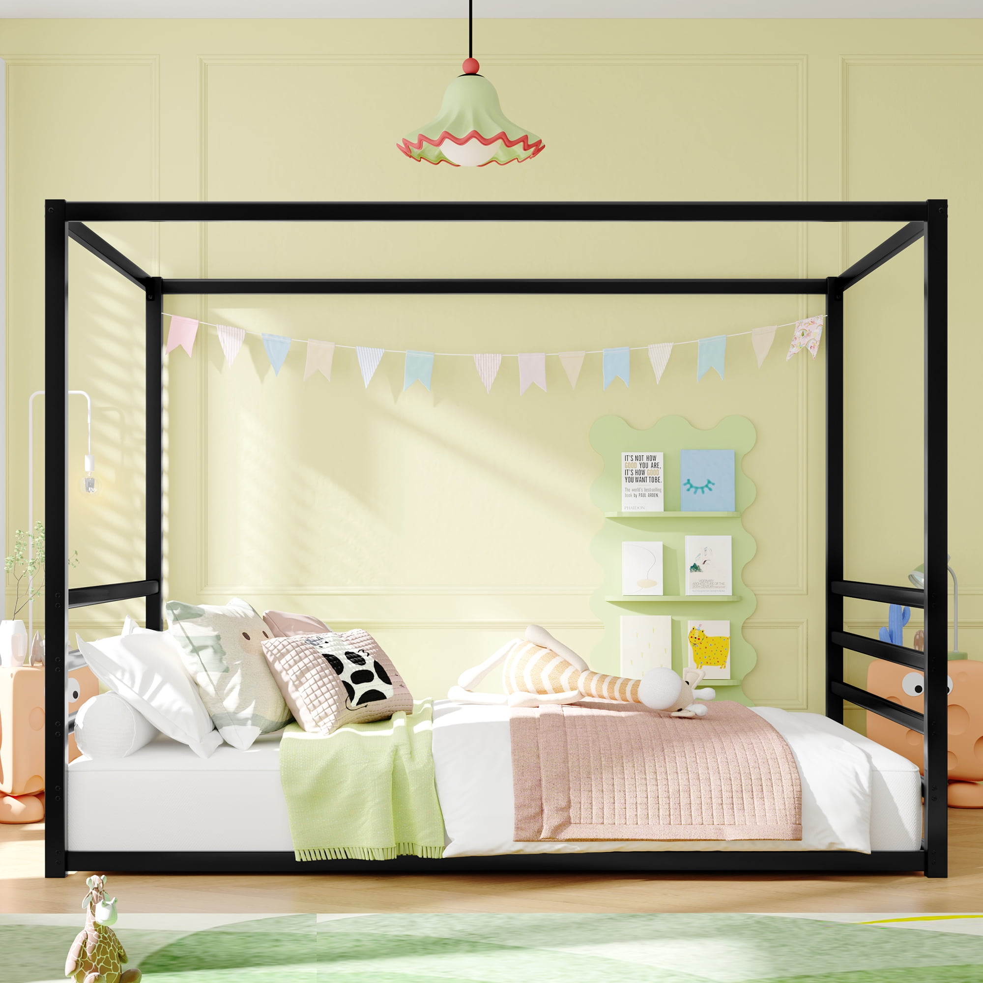 Full Bed Frame, Double Bed Frame,Queen size sunshade floor bed, iron double-size bed frame, modern low-profile double-size bed, equipped with fence-style guardrails, black series