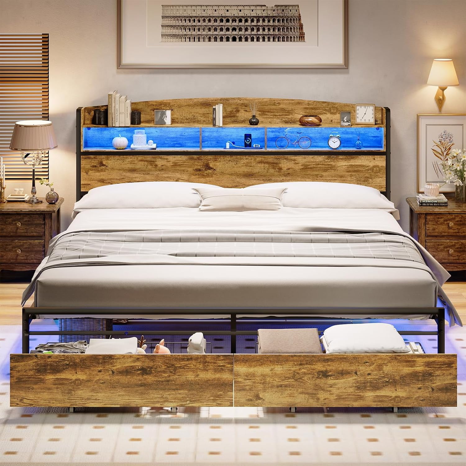 King Size Bed Frame with RGB Light Headboard, USBC/A Charging Station
