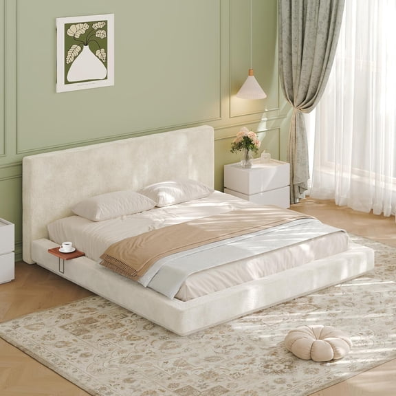 King Size Bed Frame, Sherpa Upholstered Platform Bed Frame, Soft Cloud Floating Floor Bed with Headboard, Footboard, 2 Side Shelf, Metal Slats, No Box Spring Needed, Easy Assembly, Off White