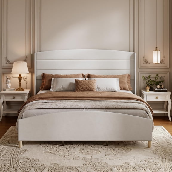 King Size Bed Frame,Soft Linen Upholstered Platform Bed with 51.6" Tall Wingback Headboard/Raised Footboard,Sturdy Wood Legs/Slats,Noise-Free,No Box Spring Needed,Modern Minimalist Style,Cream