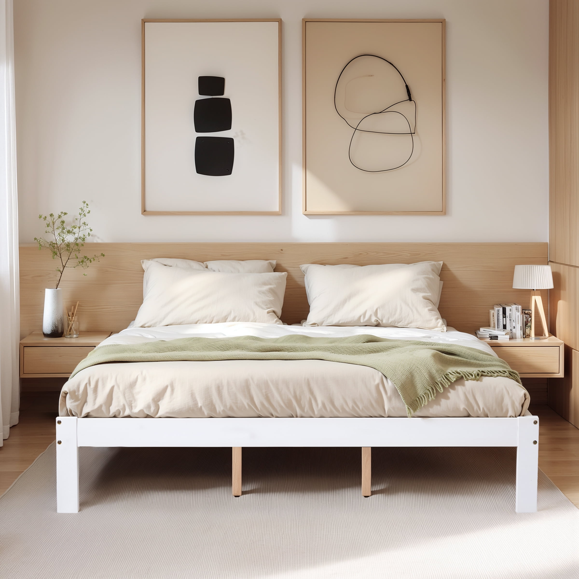 King Size Bed Frame, Solid Wood Platform with Wood Slat Support, No Box Spring Needed, White