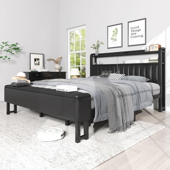 King Size Bed Frame with Star Projector & Charging Station, Metal Upholstered Bed frame with Headboard, Heavy Duty Beds with Storage Ottoman, Metal Support, Noise-Free, No Box Spring Needed, Black