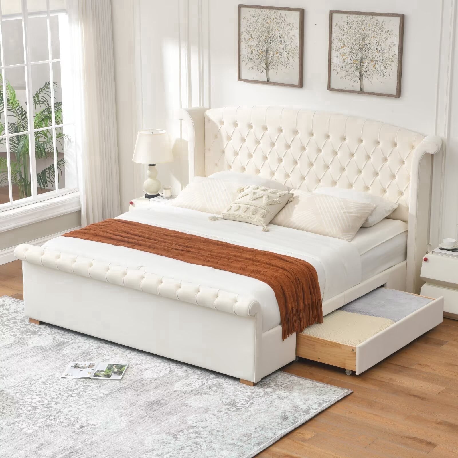 Zanmintaobo King Velvet Upholstered Bed Frame with 52"H Wingback Headboard,Button Tufted,Storage Drawer,No Box Spring Needed,Easy Assembly,Cream
