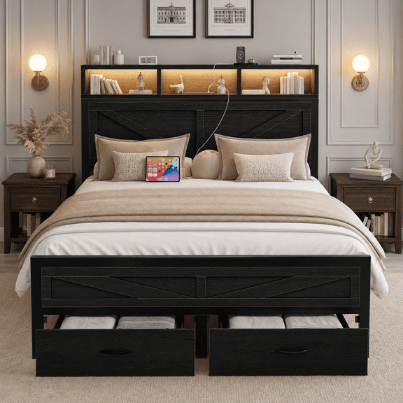 King Size Bed Frame with Storage Drawers & Barn Door Headboard, Industrial Farmhouse Platform Bed with LED Lights & Charging Station, No Box Spring Needed (Black)