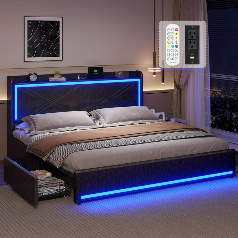 King Size LED Bed Frame with Shelf Storage USB C Charge Faux Leather Wooden Slats Black Walmart