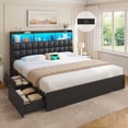 thumbnail image 1 of King Size Bed Frame with Storage Headboard and 4 Drawers, Wooden Upholstered Platform Beds with Charging Station and LED Lights, Metal Slats, No Box Spring Needed, Black, 1 of 10