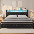 King Size Bed Frame, Storage Headboard with Charging Station, Linen