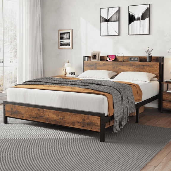 King Size Bed Frame with Storage Headboard, Industrial King Bed Platform with Charging Station and USB Ports, No Box Spring Needed Easy Assemble Mattress Foundation - Rustic Brown