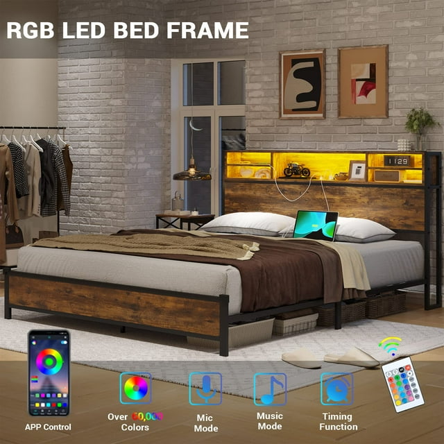 King Size Bed Frame with Storage Headboard and LED Lights Headboard