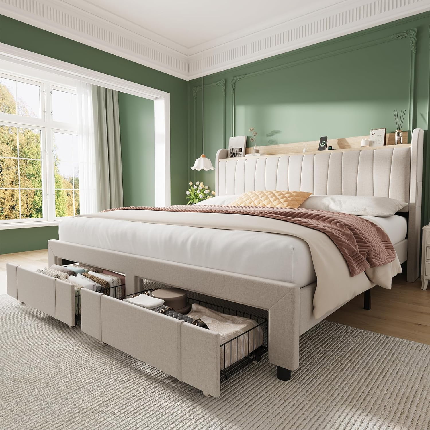 King Size Bed Frame with Storage Headboard, Upholstered Platform Beds with Drawers, Charging Station, Noise-Free, No Box Spring Needed, Easy Assembly, Beige