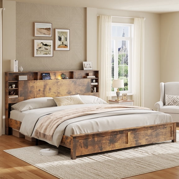 Vanress King Size Bed Frame with Storage Headboard, Wood Platform Bed Frame with Charging Station, LED Lights and Bookcase, No Box Spring Needed, Easy Assembly, Dark Brown